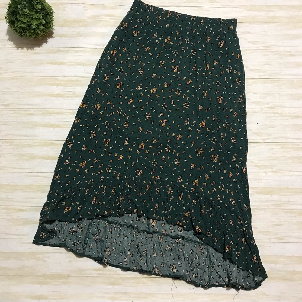 Long Modest Elastic Waist GreenFloral High Low Ruffle Midi Skirt Size Medium